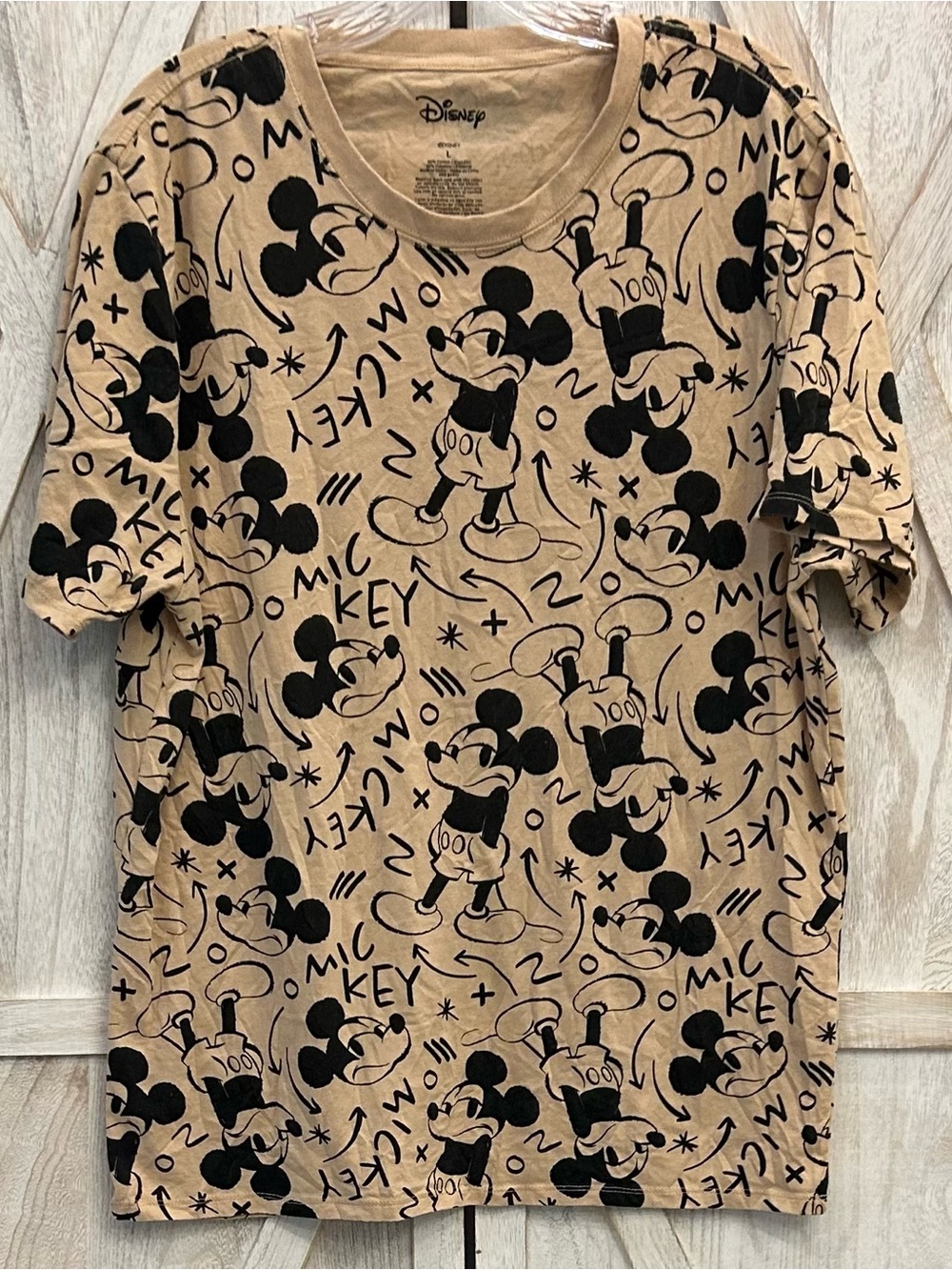 Disney Mickey Mouse All-Over Doodle Graphic Women’s Large Tee Black Tan